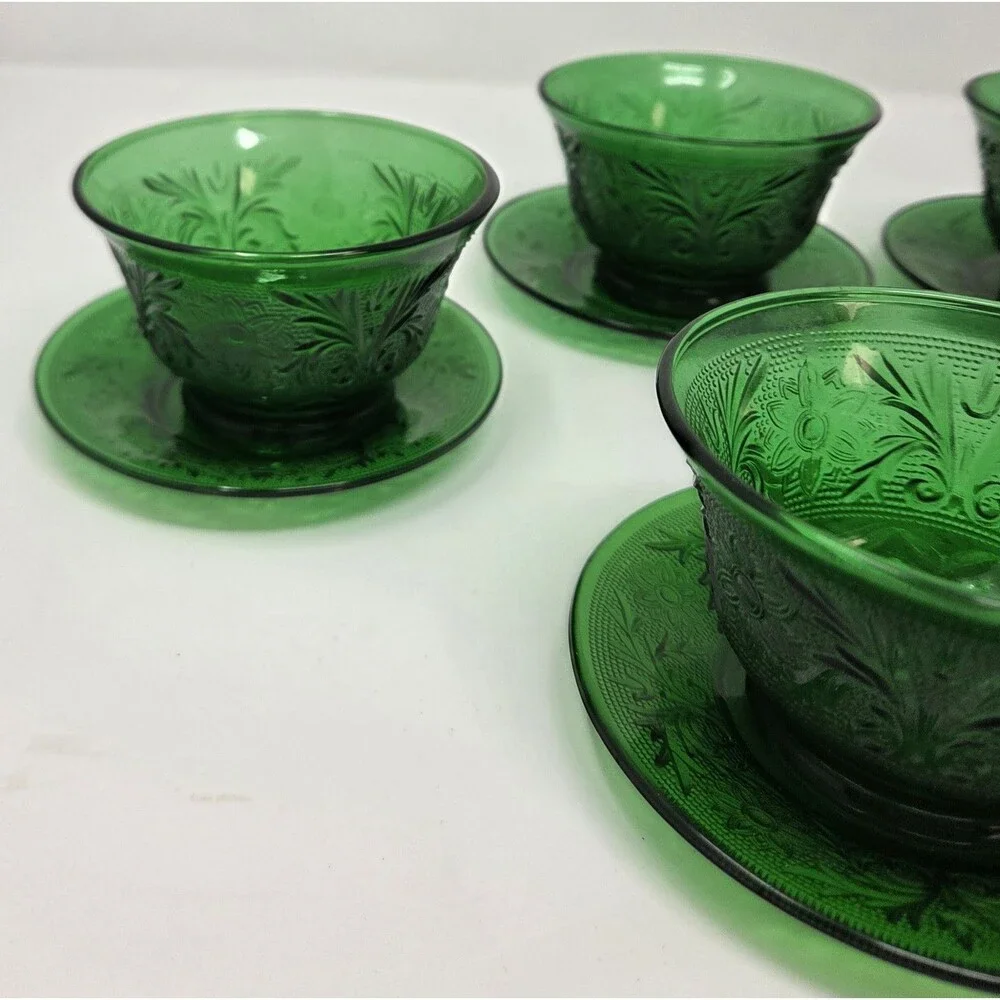 6 Vintage Anchor Hocking Forest Green Sandwich Custard Cups Set And Saucer‎ Set